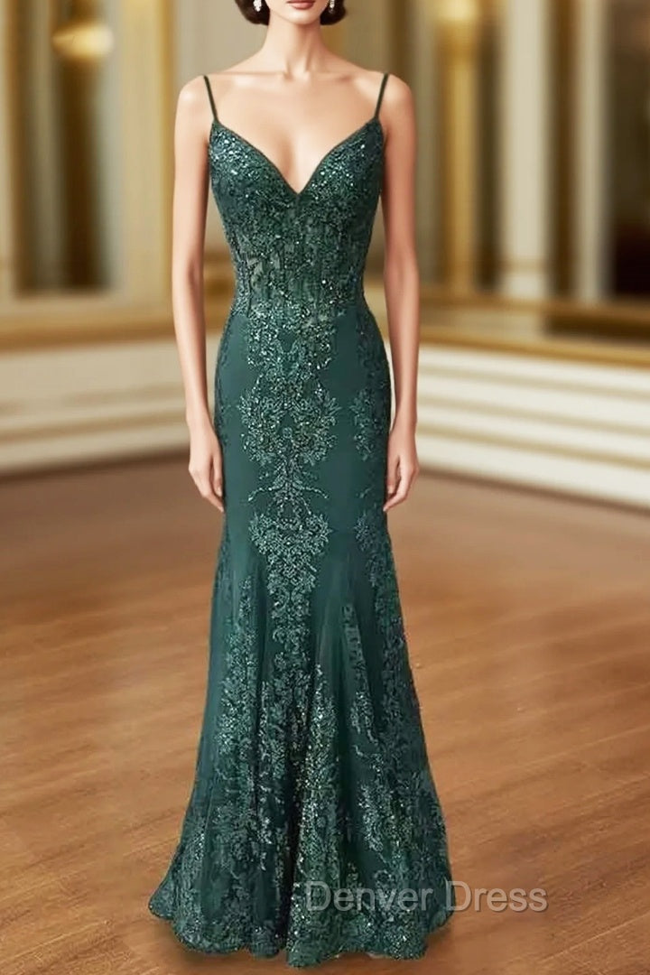 Trumpet Mermaid V Neck Spaghetti Straps Long Floor Length Tulle Prom Dresses With Appliqued Beading