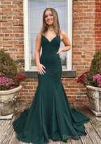 Trumpet Mermaid V Neck Spaghetti Straps Sweep Train Satin Prom Dresses