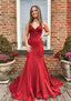 Trumpet Mermaid V Neck Spaghetti Straps Sweep Train Satin Prom Dresses