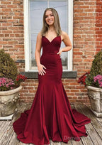 Trumpet Mermaid V Neck Spaghetti Straps Sweep Train Satin Prom Dresses