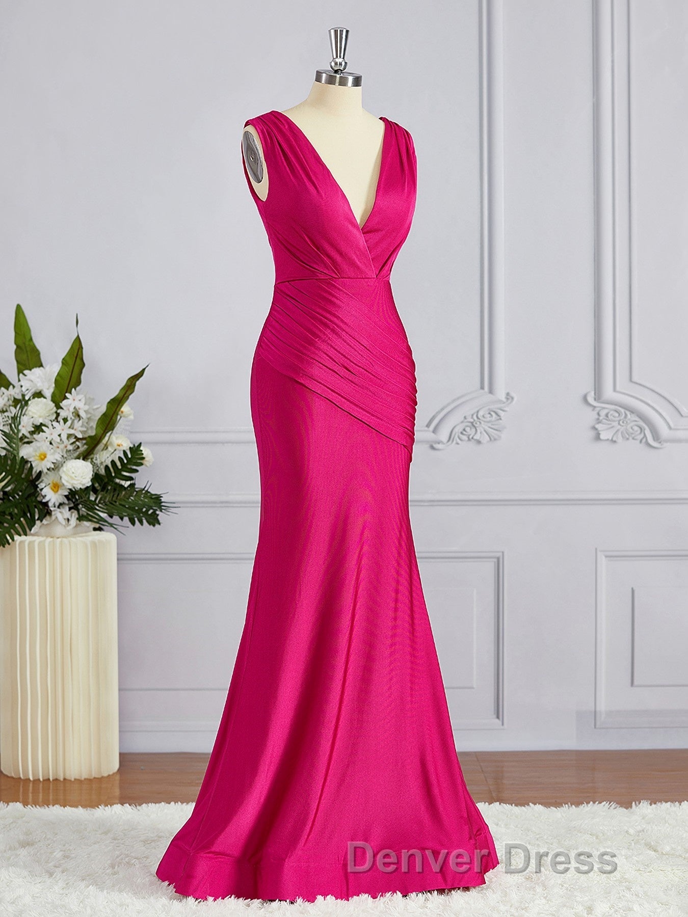 Trumpet Mermaid V Neck Sweep Train Jersey Bridesmaid Dresses