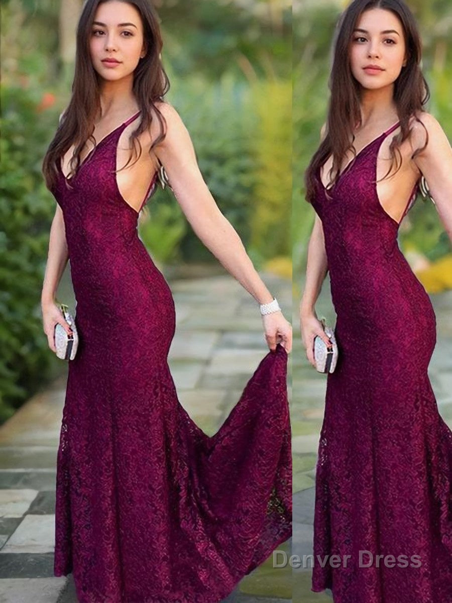 Trumpet Mermaid V Neck Sweep Train Lace Prom Dresses