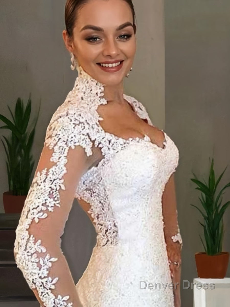 Trumpet Mermaid V Neck Sweep Train Lace Wedding Dresses With Appliques Lace