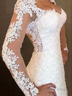 Trumpet Mermaid V Neck Sweep Train Lace Wedding Dresses With Appliques Lace