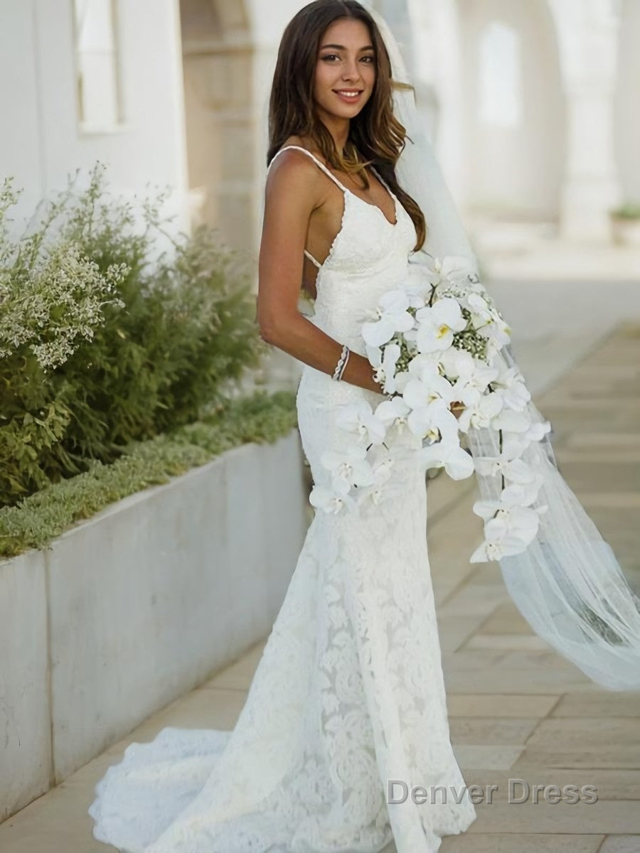 Trumpet Mermaid V Neck Sweep Train Lace Wedding Dresses With Appliques Lace Main image
