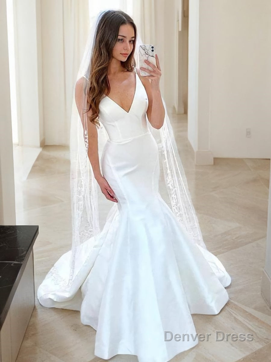 Trumpet/Mermaid V-neck Sweep Train Satin Wedding Dresses Main image