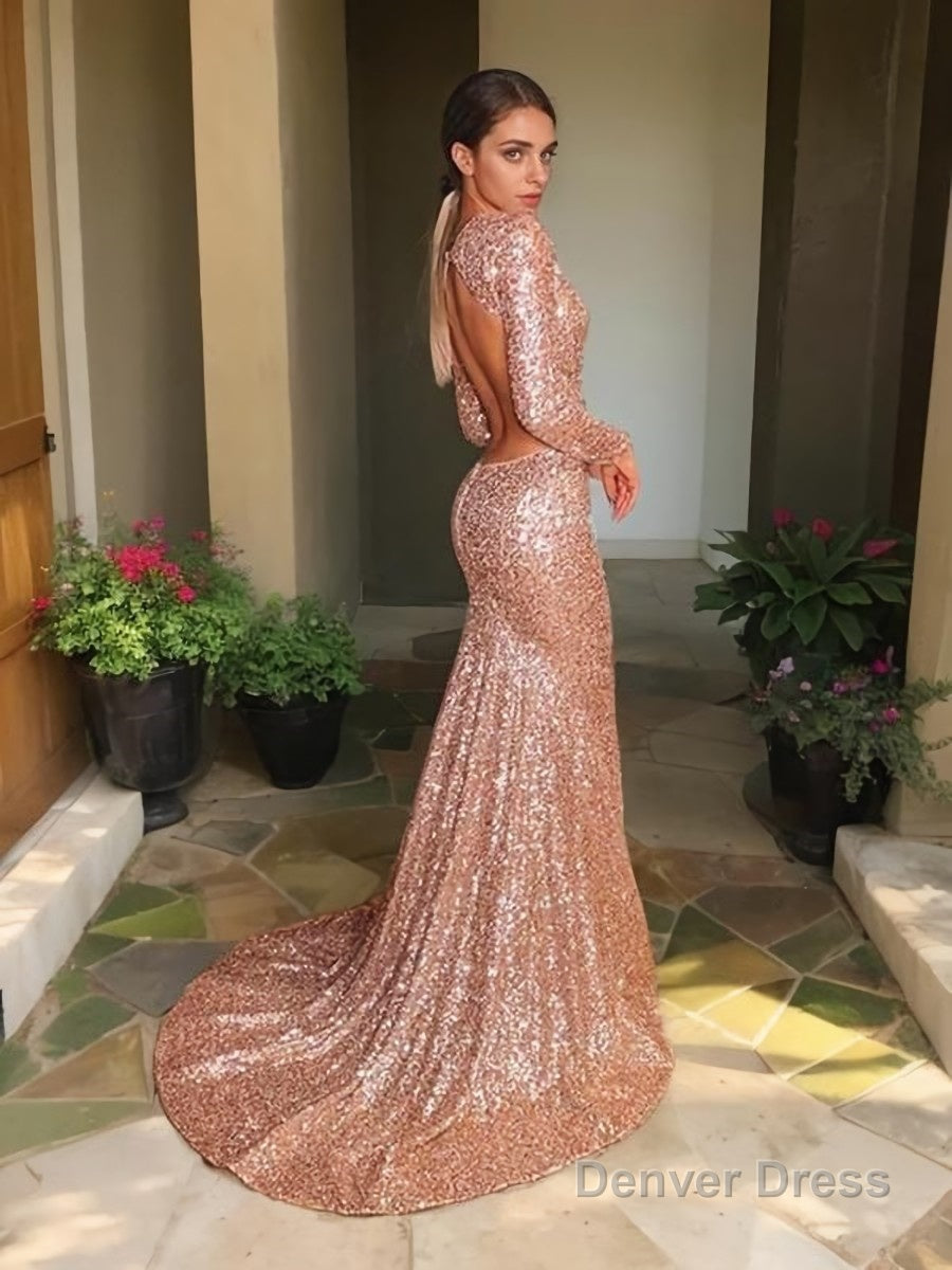 Trumpet Mermaid V Neck Court Train Sequins Prom Dresses With Ruffles Secondary image