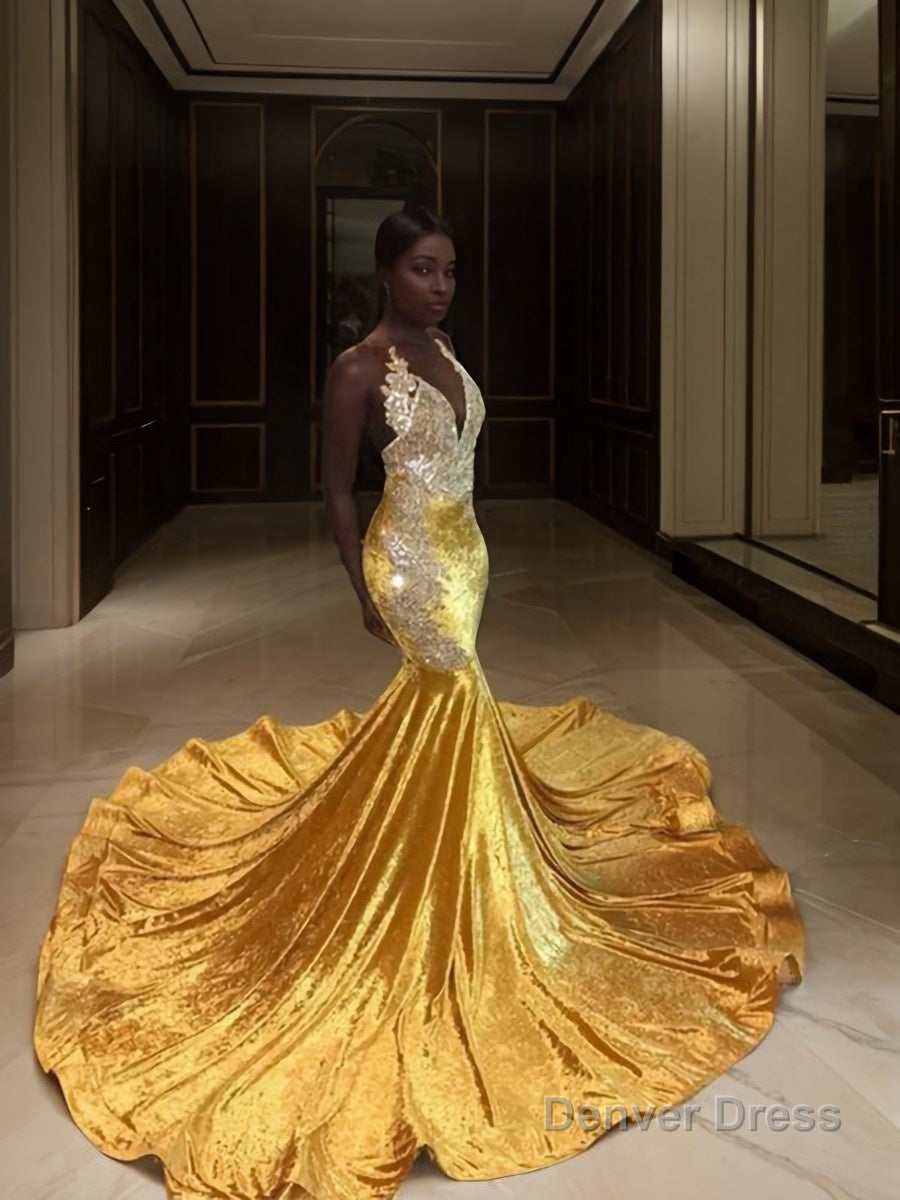 Trumpet/Mermaid V-neck Sweep Train Sequins Prom Dresses With Appliques Lace Main image