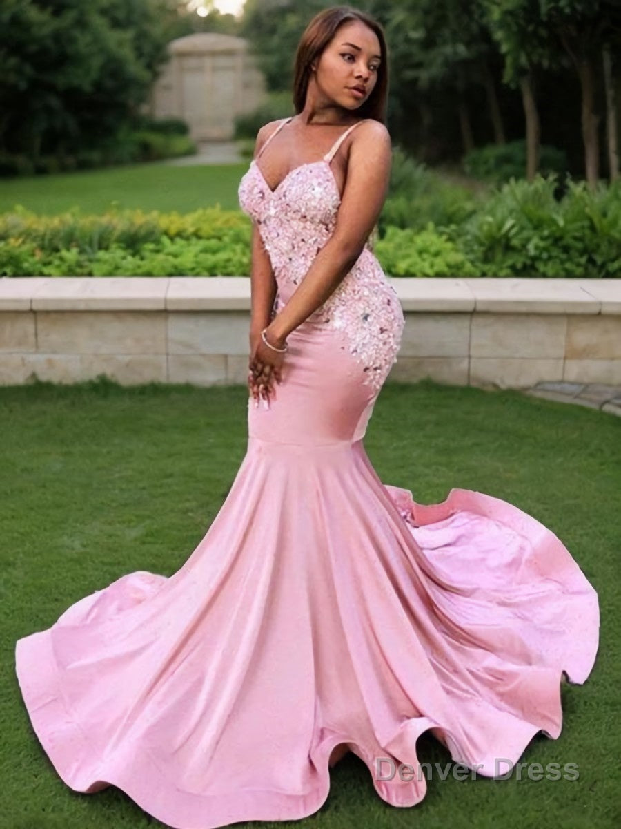 Trumpet Mermaid V Neck Sweep Train Silk like Satin Prom Dresses With Appliques Lace Secondary image