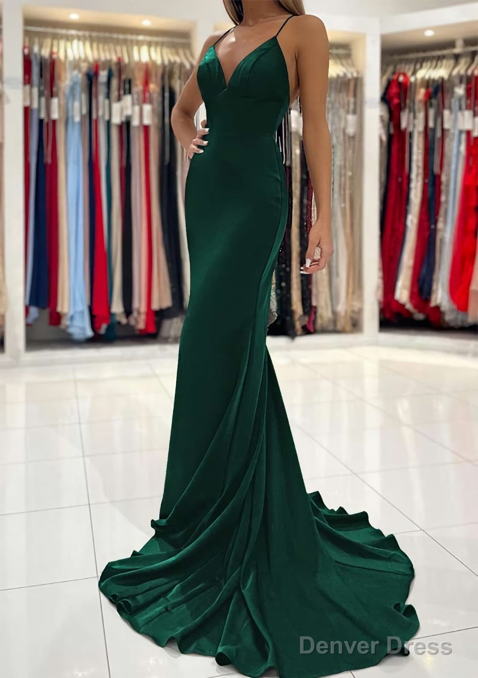 Trumpet Mermaid V Neck Sweep Train Sleeveless Elastic Satin Prom Dresses