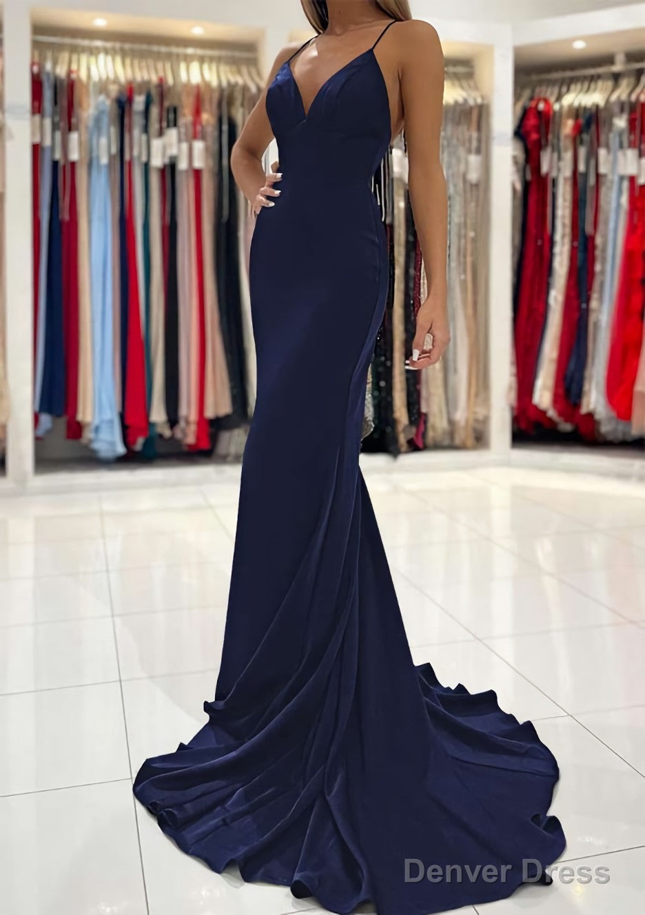 Trumpet Mermaid V Neck Sweep Train Sleeveless Elastic Satin Prom Dresses