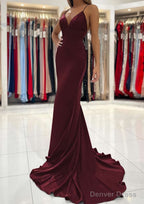 Trumpet Mermaid V Neck Sweep Train Sleeveless Elastic Satin Prom Dresses
