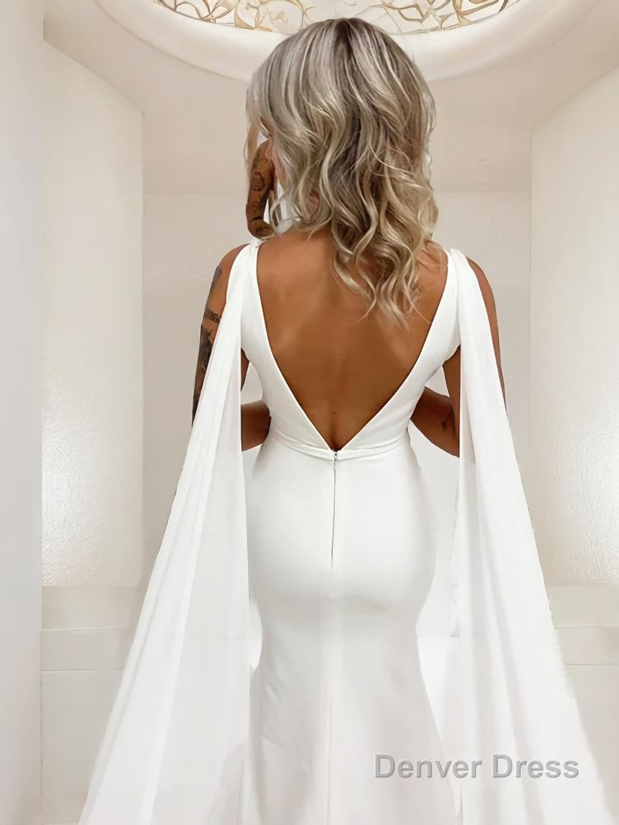 Trumpet Mermaid V Neck Sweep Train Stretch Crepe Wedding Dresses