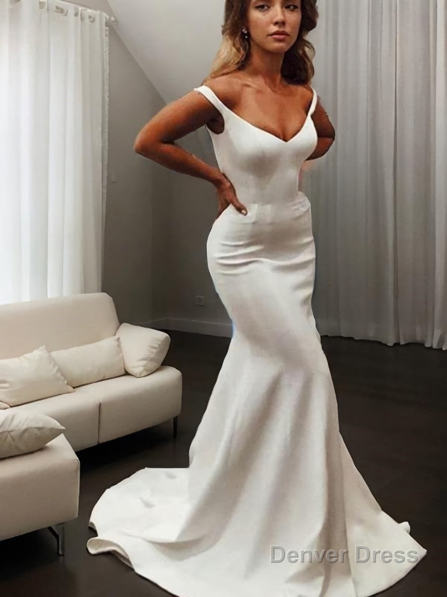 Trumpet Mermaid V Neck Sweep Train Stretch Crepe Wedding Dresses