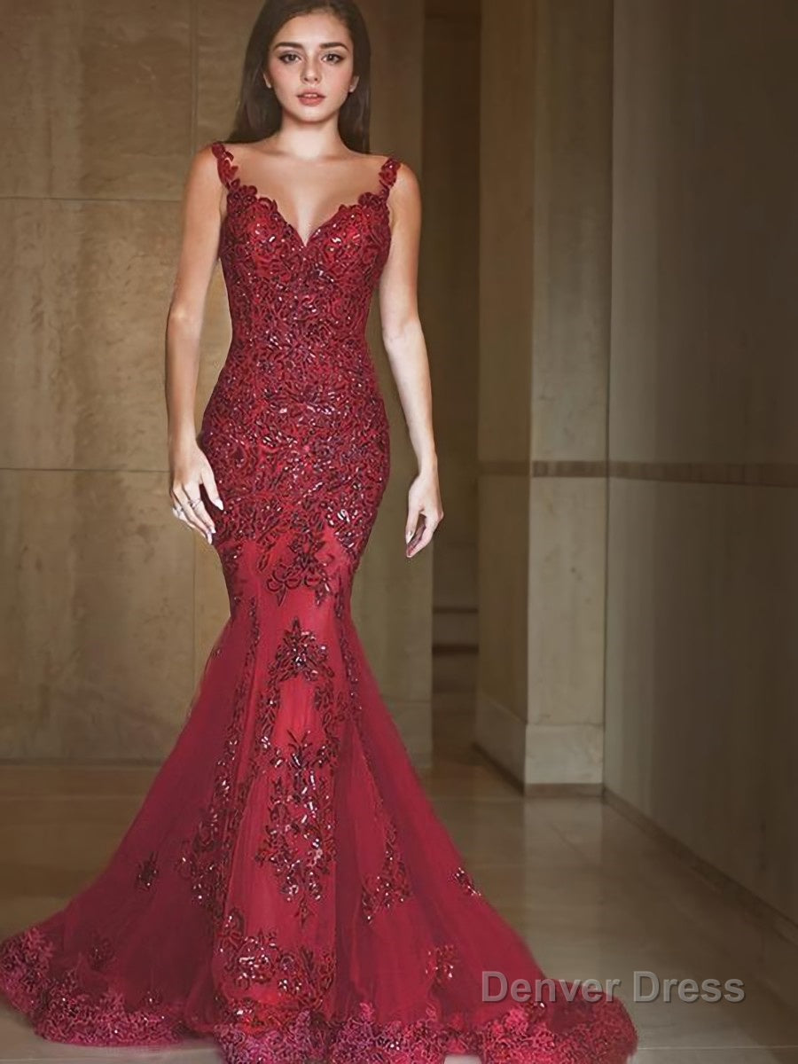 Trumpet Mermaid V Neck Sweep Train Tulle Prom Dresses With Appliques Lace