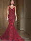 Trumpet Mermaid V Neck Sweep Train Tulle Prom Dresses With Appliques Lace