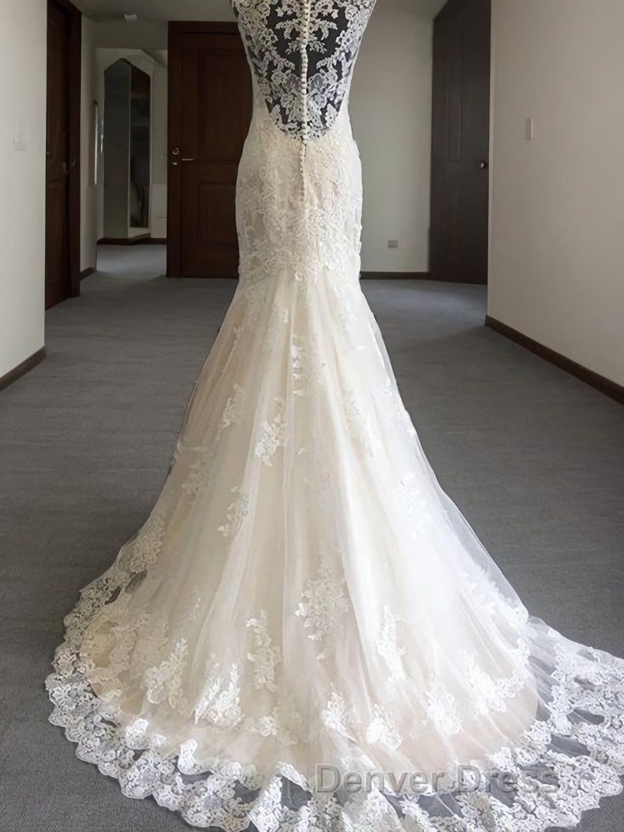 Trumpet/Mermaid V-neck Sweep Train Tulle Wedding Dresses With Appliques Lace Secondary image