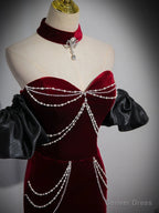 Trumpet Mermaid Velvet Burgundy Long Prom Dresses with Beads
