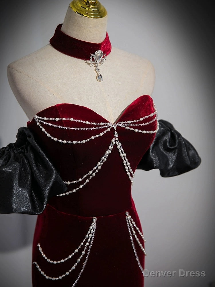 Trumpet Mermaid Velvet Burgundy Long Prom Dresses with Beads