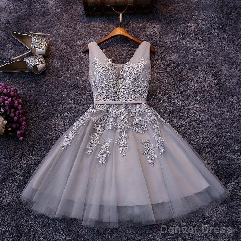 Tulle A Line V Neck Knee length Lace Short Prom Dress,Homecoming Dresses with Applique