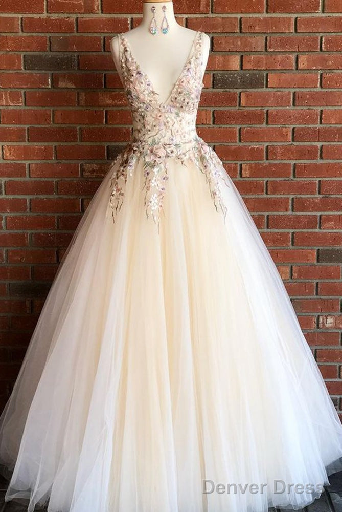 Tulle Ball Gown Long Prom Dresses With Appliques,Formal Dresses Secondary image