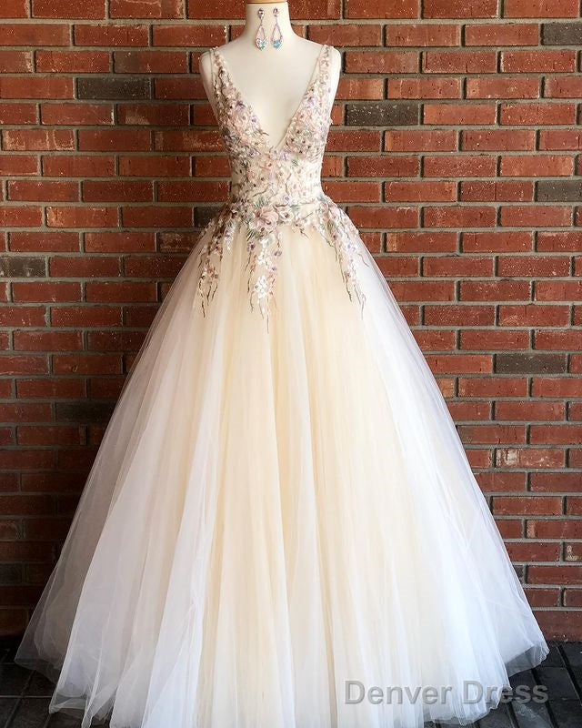 Tulle Ball Gown Long Prom Dresses With Appliques,Formal Dresses Main image