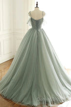 Tulle Ball Gown Long Prom Dresses With Beading,Evening Dresses,Charming Dance Dresses