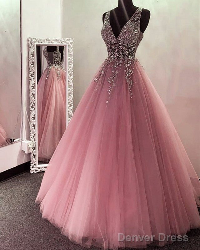Tulle Ball Gown Prom Dresses Beaded V Neck Main image