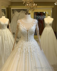 Tulle Ball Gown Wedding Dresses Lace Long Sleeves