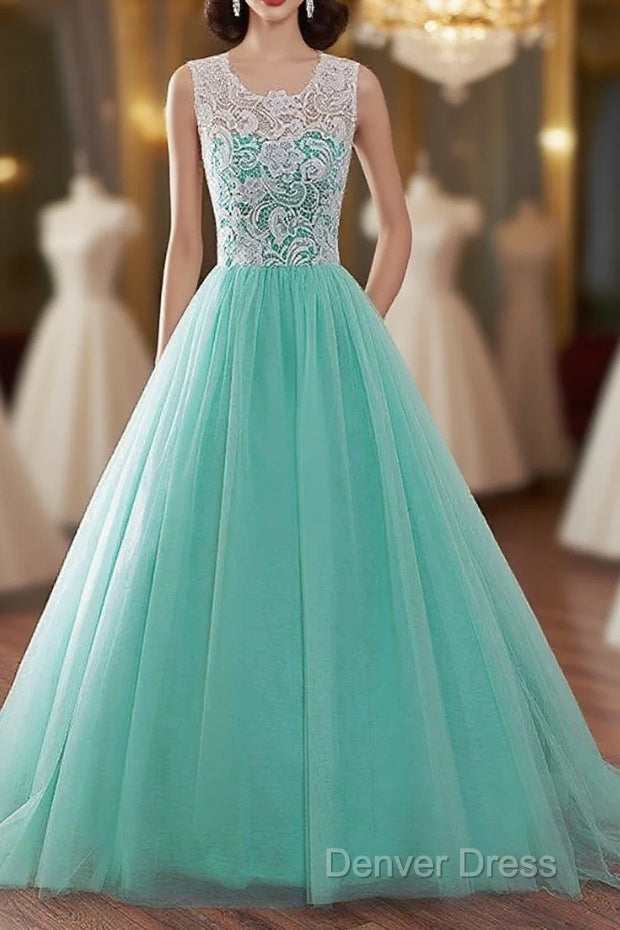 Tulle Buttons Lace Long Green Round Neck Prom Dresses Main image