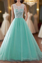 Tulle Buttons Lace Long Green Round Neck Prom Dresses