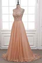 Tulle & Chiffon High Neck Prom Dresses With Beading
