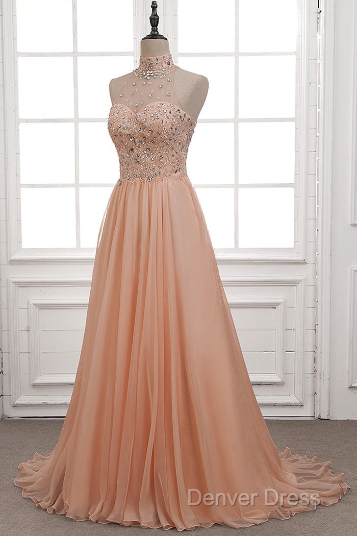 Tulle & Chiffon High Neck Prom Dresses With Beading