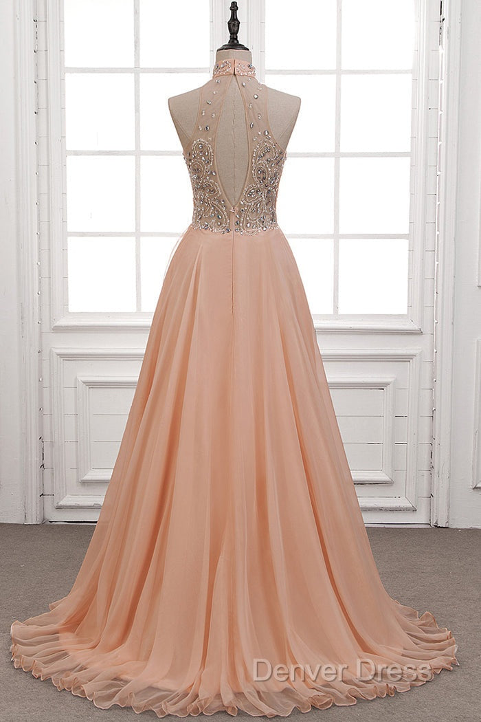 Tulle & Chiffon High Neck Prom Dresses With Beading