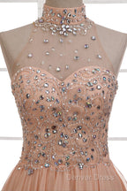 Tulle & Chiffon High Neck Prom Dresses With Beading
