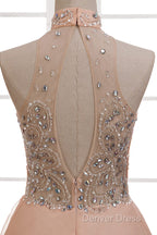 Tulle & Chiffon High Neck Prom Dresses With Beading