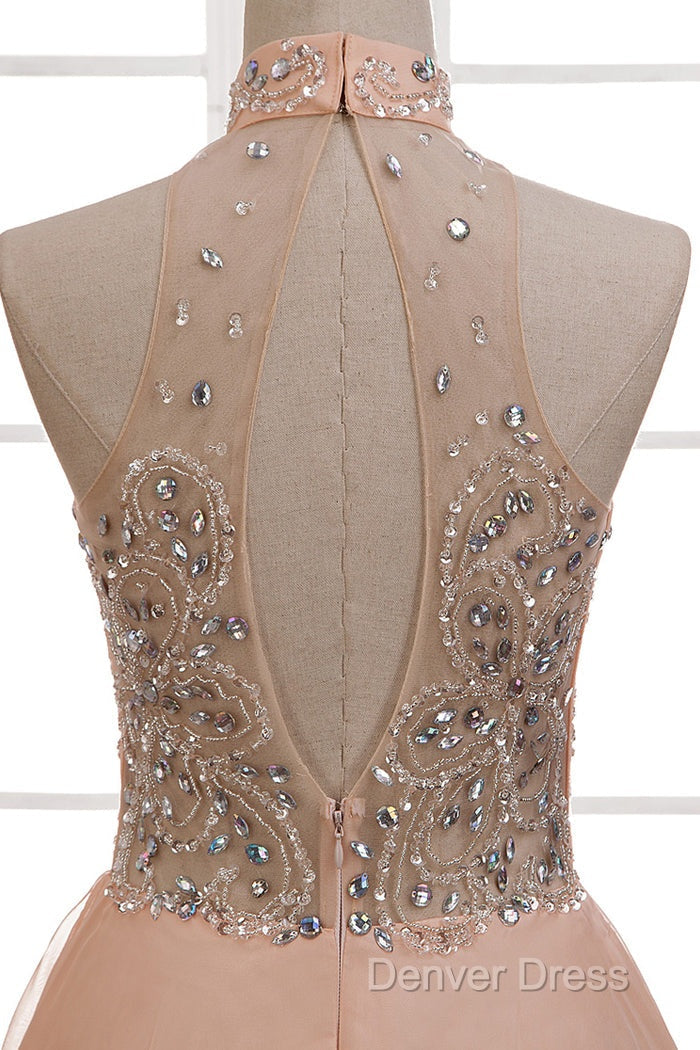 Tulle & Chiffon High Neck Prom Dresses With Beading