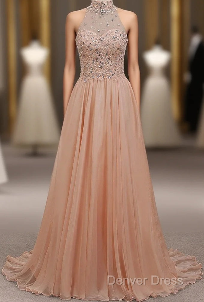 Tulle & Chiffon High Neck Prom Dresses With Beading