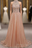 Tulle & Chiffon High Neck Prom Dresses With Beading