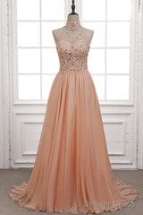 Tulle & Chiffon High Neck Evening Dresses With Beading