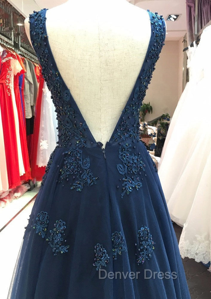 Tulle Dark Navy Prom Dresses A Line V Neck Long Floor Length With Beaded Appliqued Secondary image