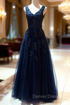 Tulle Dark Navy Prom Dresses A Line V Neck Long Floor Length With Beaded Appliqued