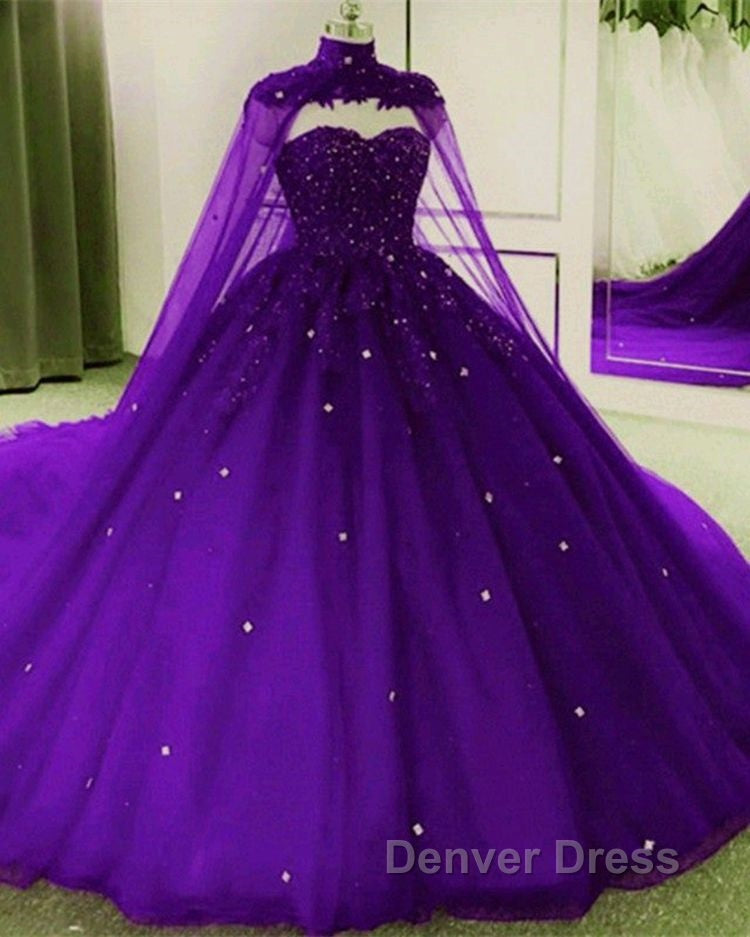 Tulle Dark Purple Quince Dresses Ball Gown Wedding Dresses With Cape Secondary image