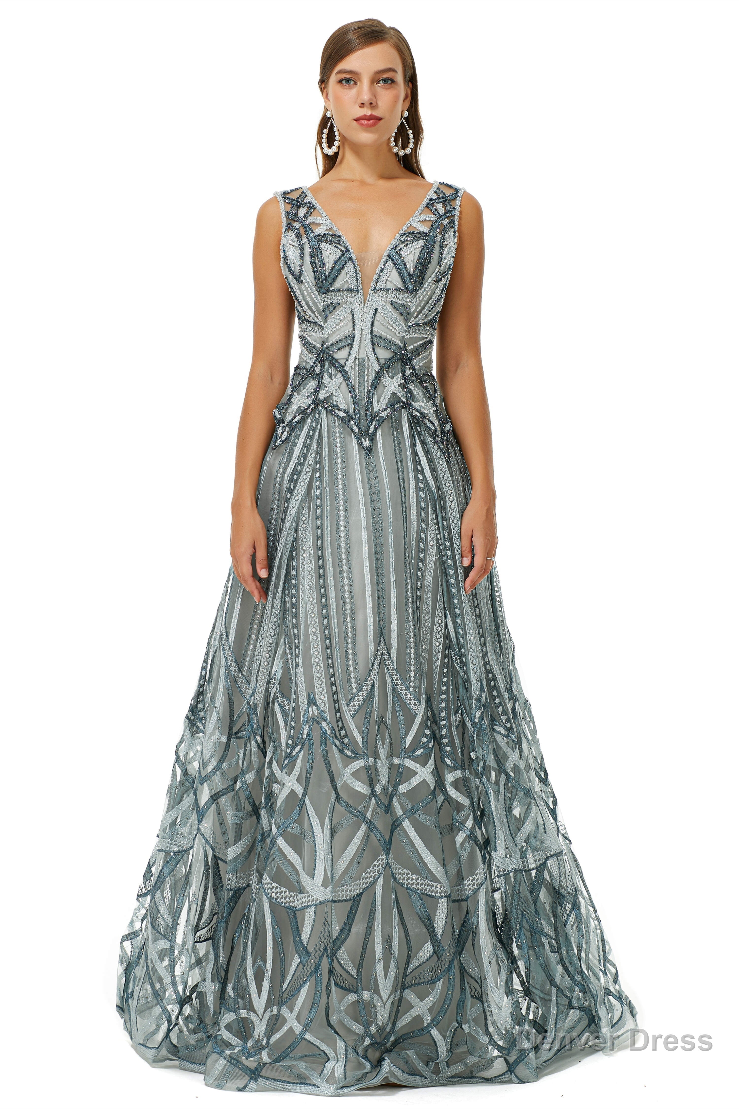 Tulle Deep V Neck Beading Prom Dresses Main image
