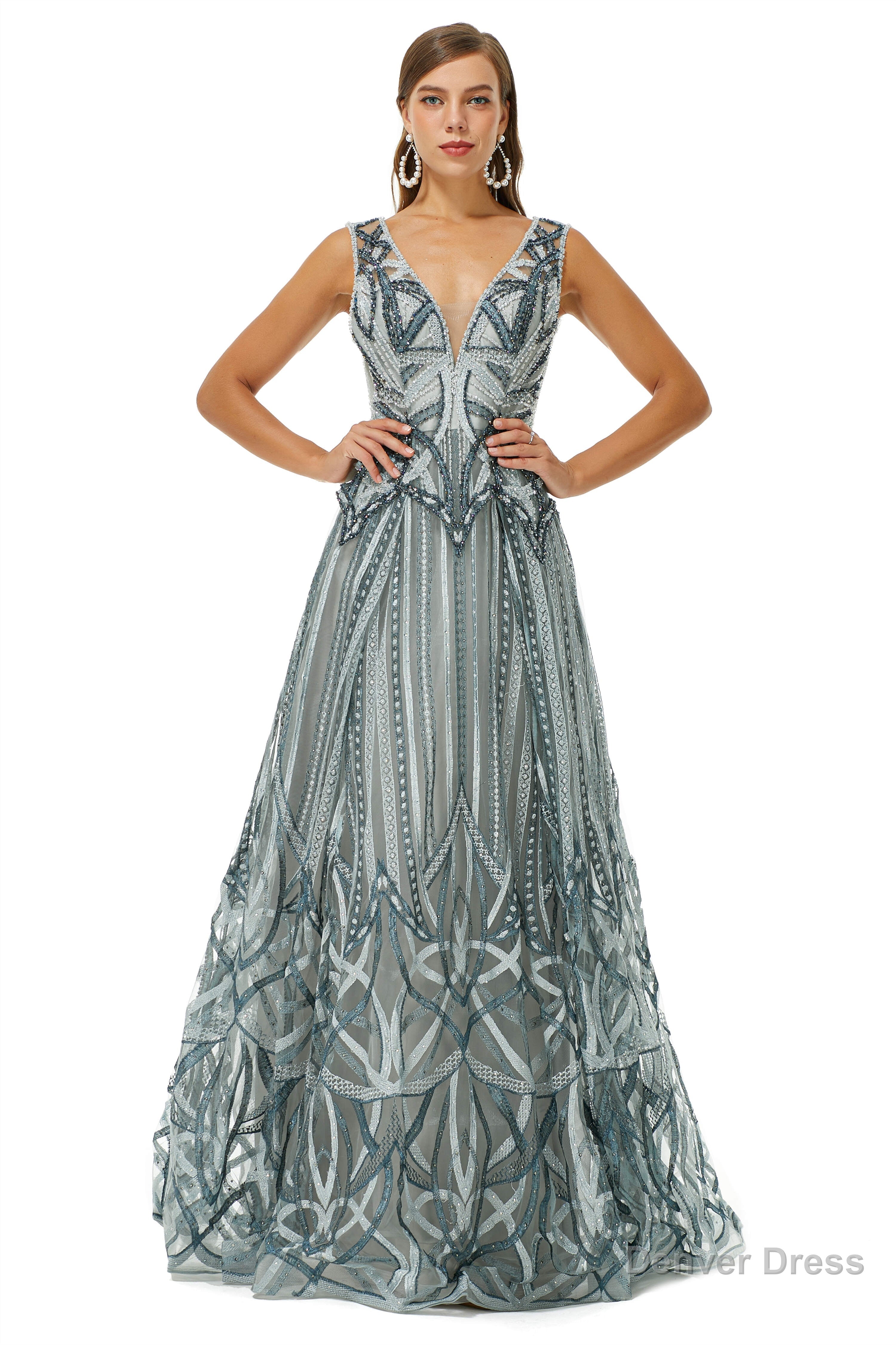 Tulle Deep V Neck Beading Prom Dresses Secondary image