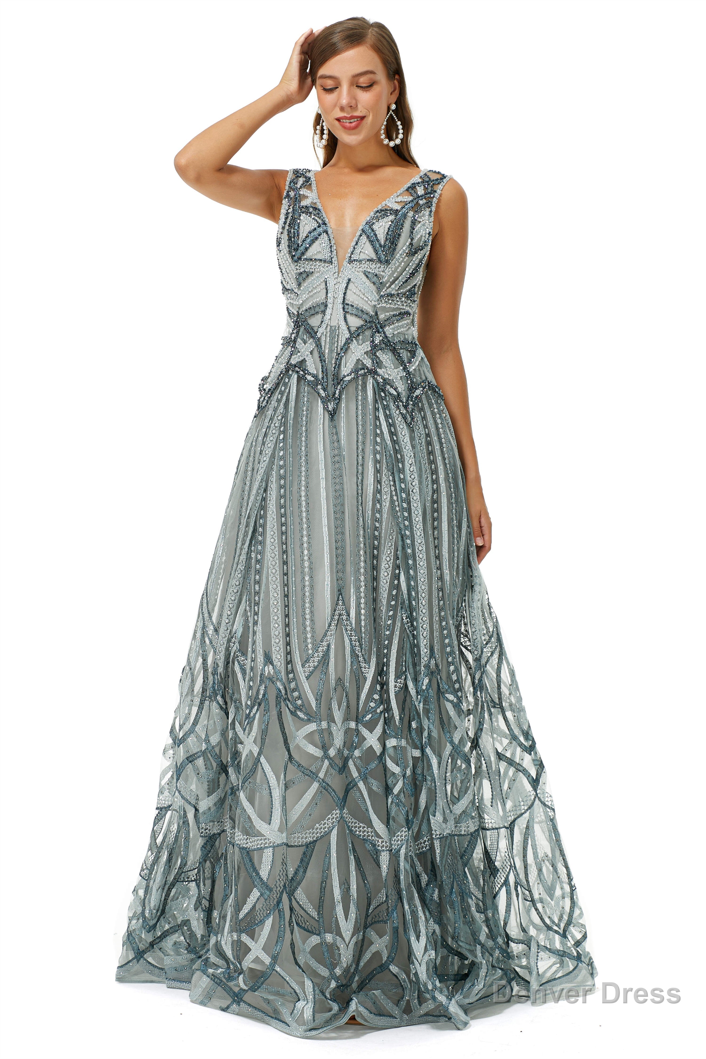 Tulle Deep V Neck Beading Prom Dresses