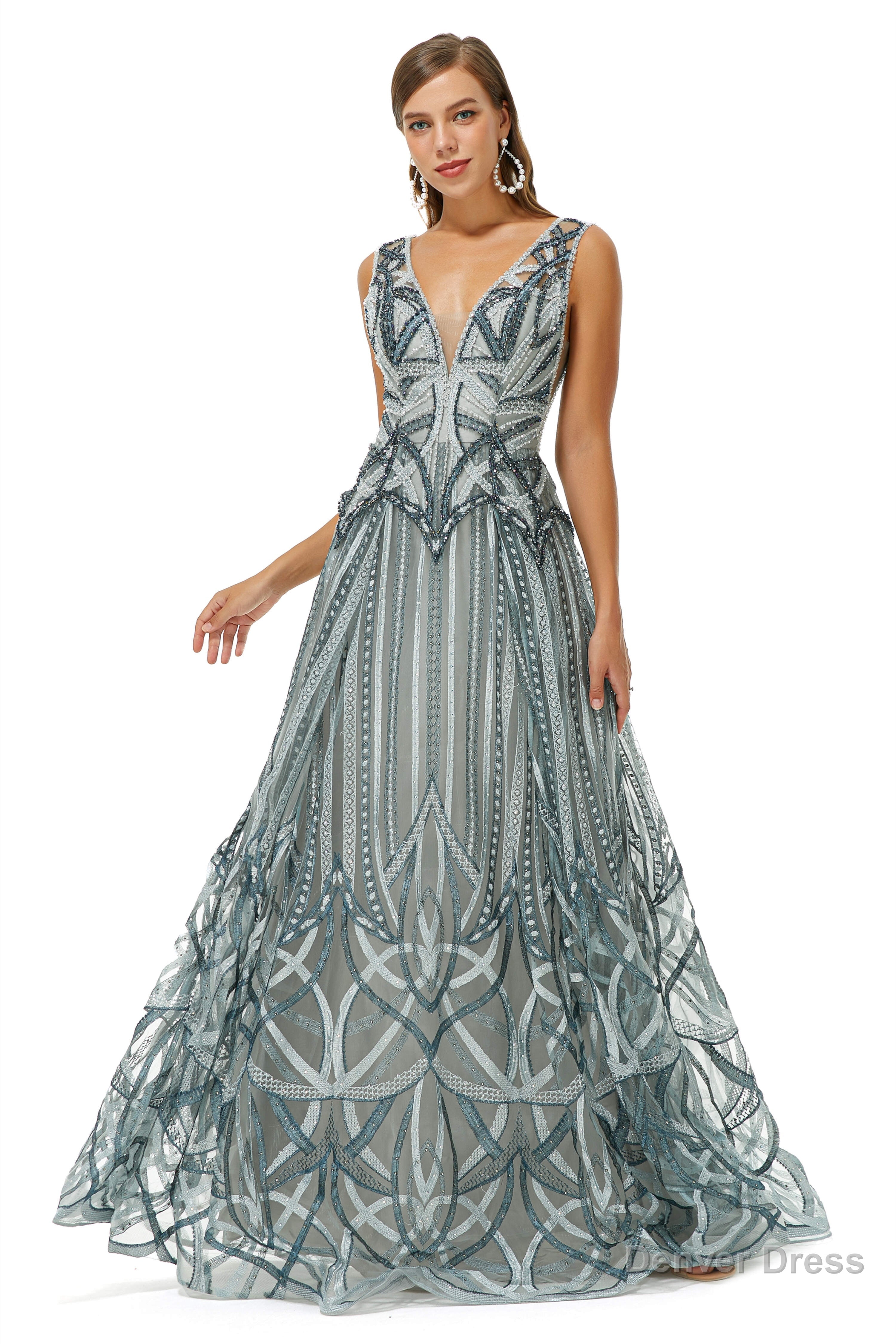 Tulle Deep V Neck Beading Prom Dresses