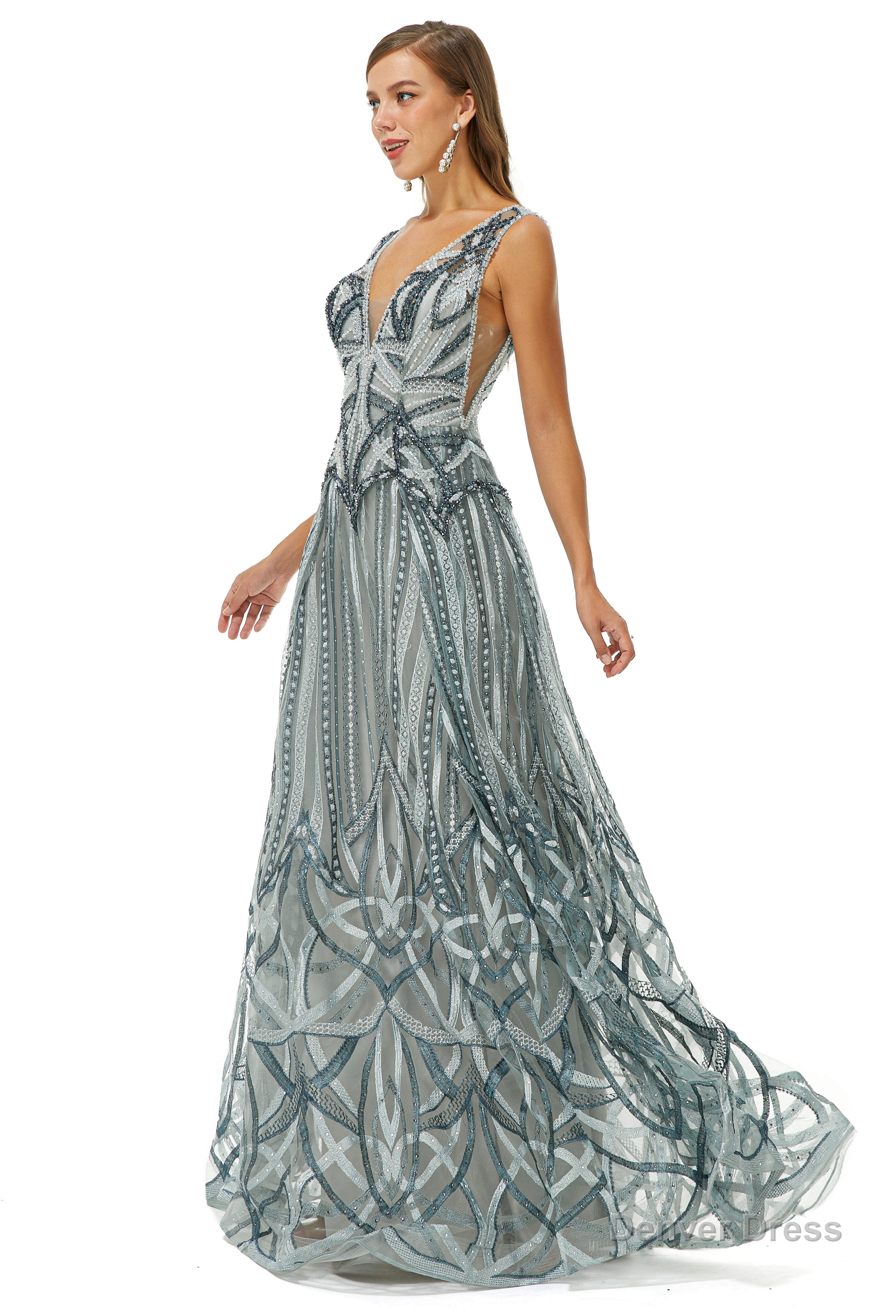 Tulle Deep V Neck Beading Prom Dresses