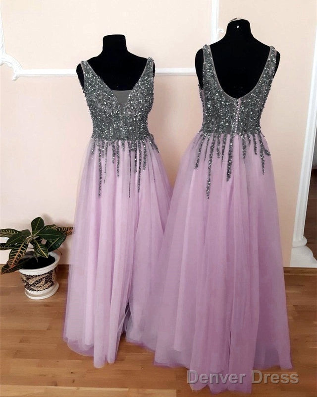 Tulle Floor Length Split Dresses With Beaded V Neckline Main image
