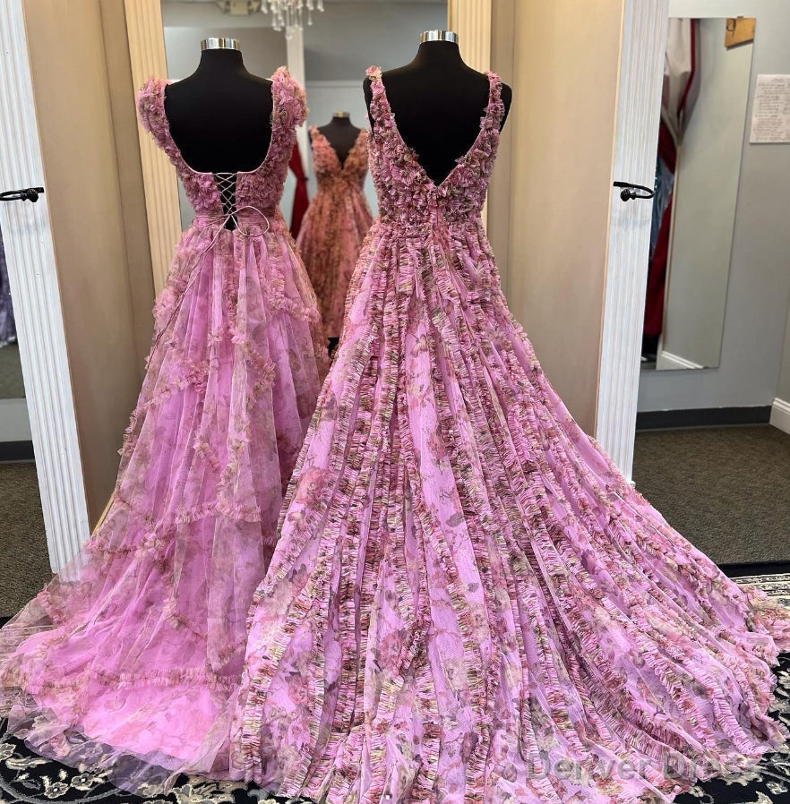 Tulle Floral Print Long Prom Dresses with Ruffle Embellishments Secondary image
